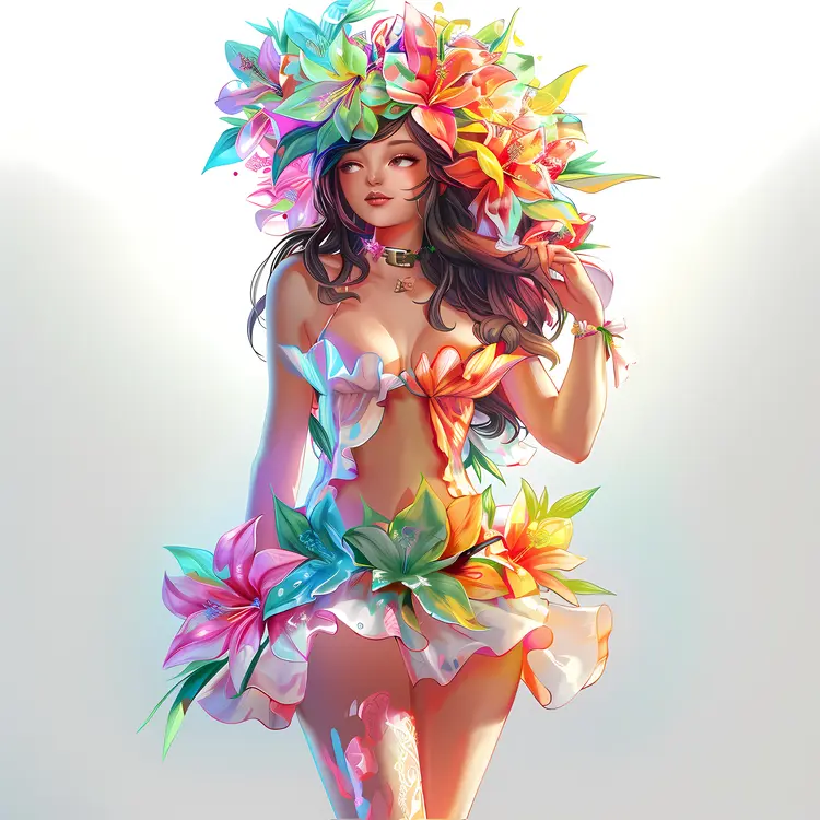 Vibrant Woman Adorned with Colorful Flowers