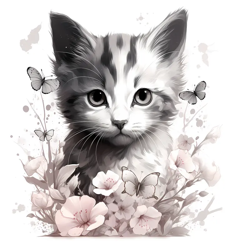 Kitten with Butterflies and Flowers