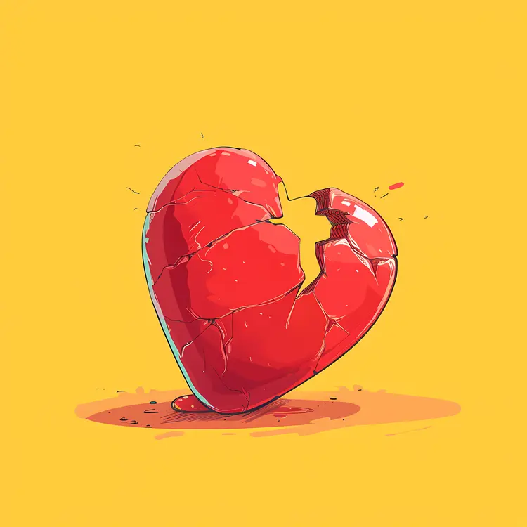 Cracked Red Heart on Yellow Background