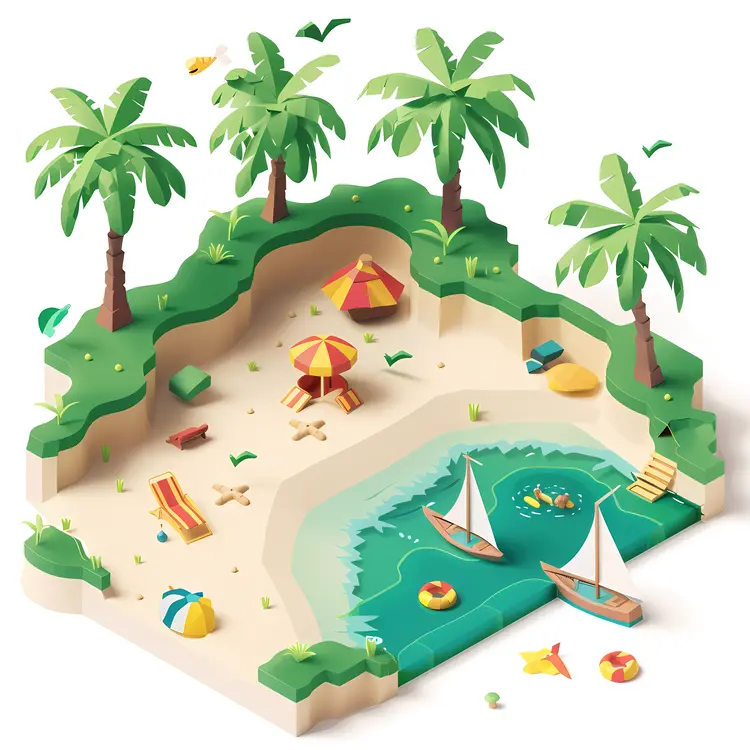 Tropical Beach with Palm Trees and Sailboats