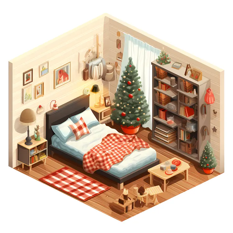 Warm Christmas Bedroom with Tree and Bookshelf
