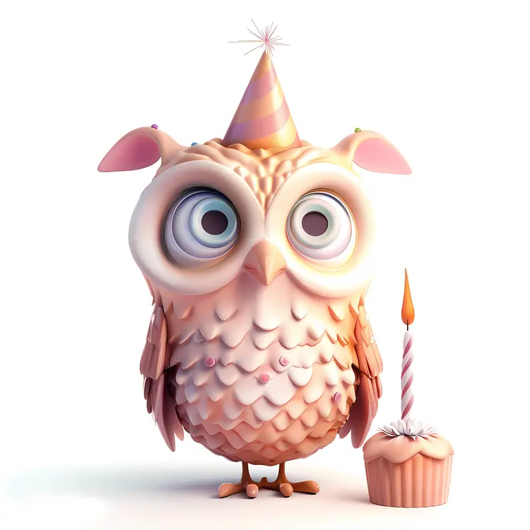 Owl with Cupcake and Party Hat
