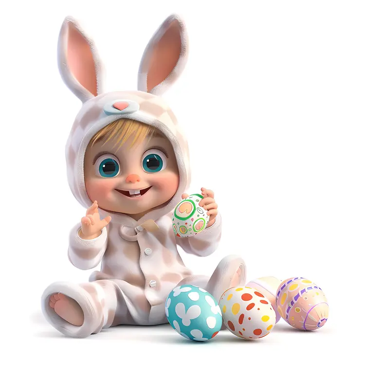 Cute Baby in Bunny Costume with Easter Eggs