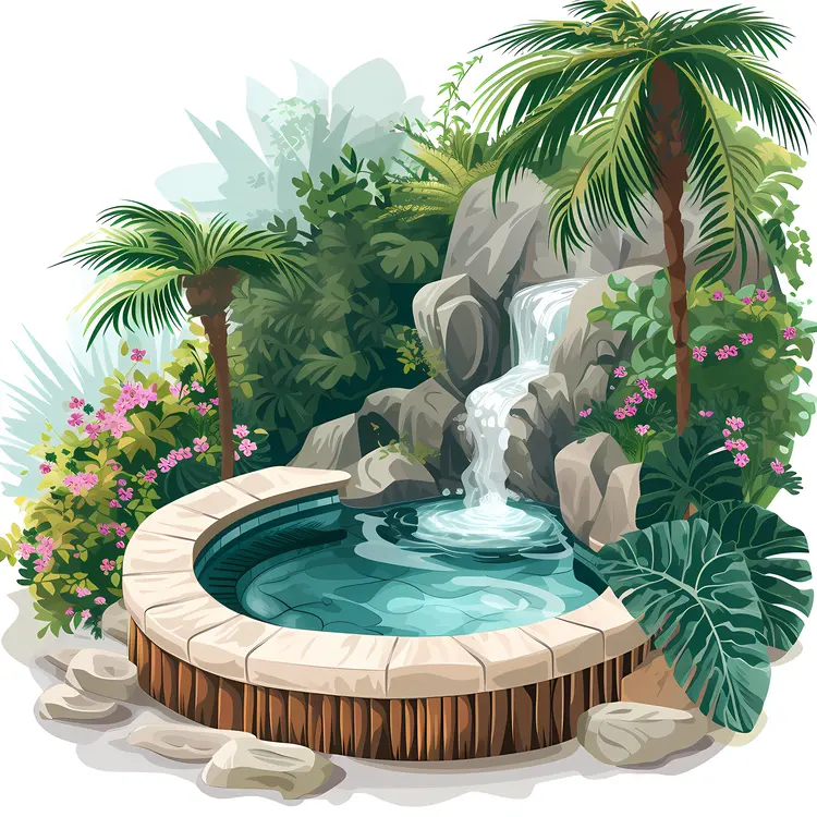 Tropical Garden with Pool and Waterfall