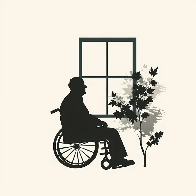 Silhouette of Person in Wheelchair by Window with Plant