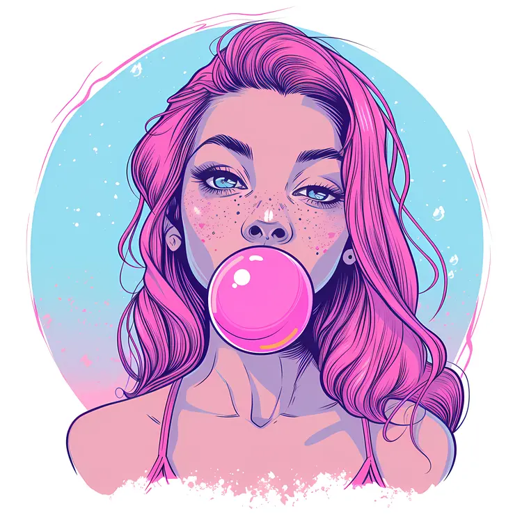 Girl with Freckles Blowing Bubblegum