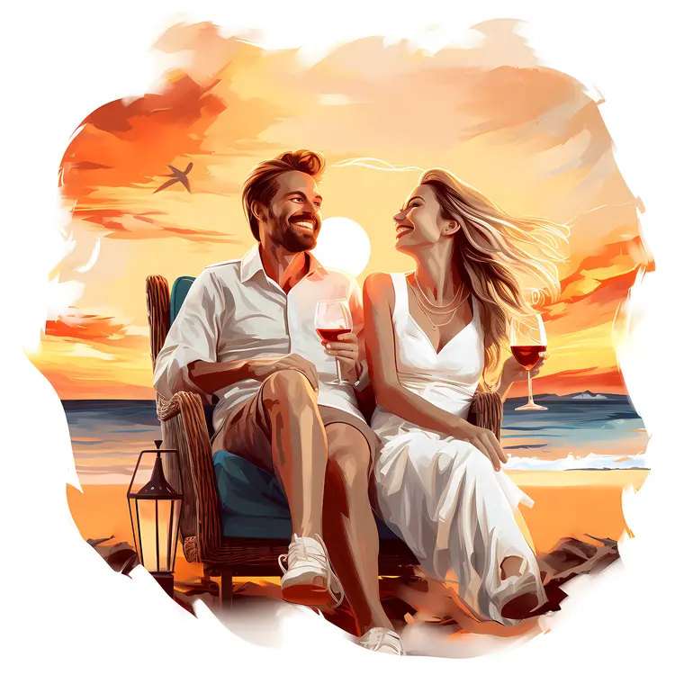 Couple Enjoying Wine at Sunset Beach