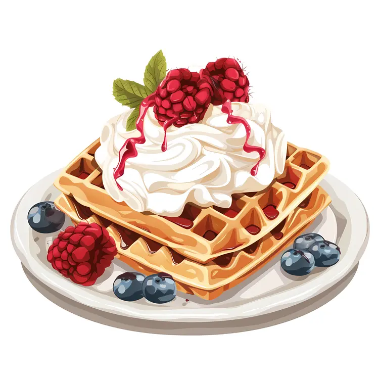 Yummy Waffles with Raspberries and Cream