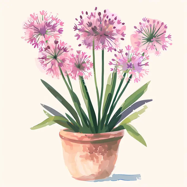 Pink Allium Flowers in a Terracotta Pot