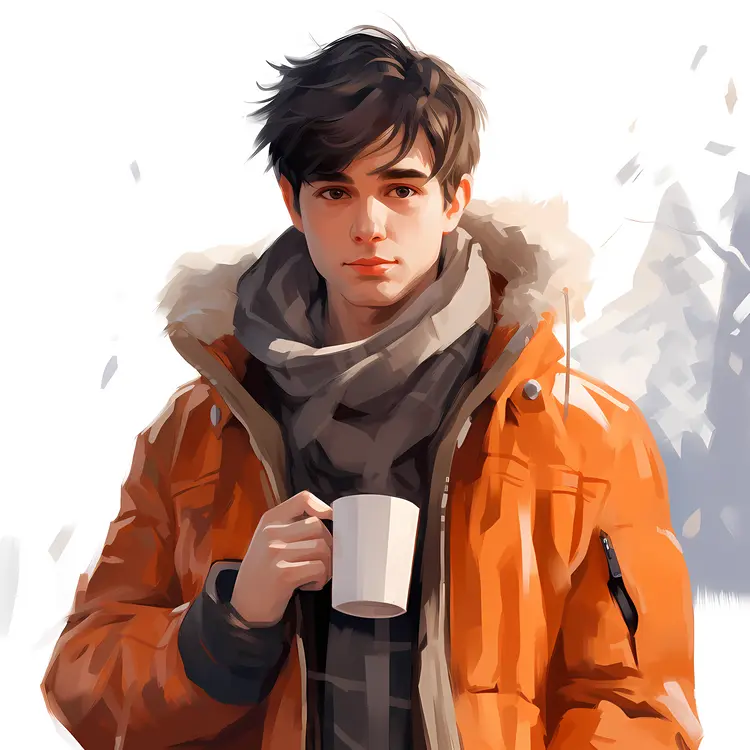 Young Man in Orange Jacket Holding a Mug