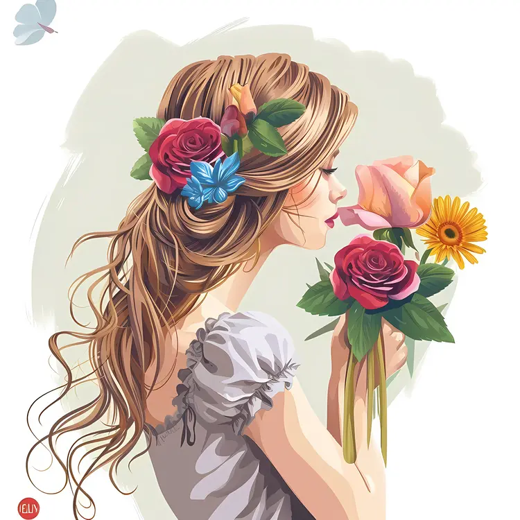 Blonde Woman Smelling Flowers