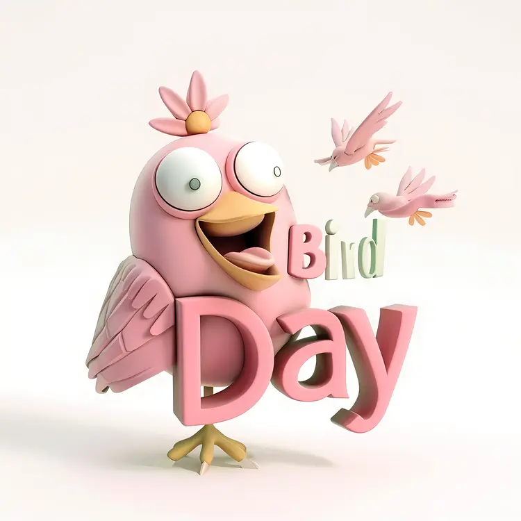 Bird Day Text with Happy Bird and Flying Birds