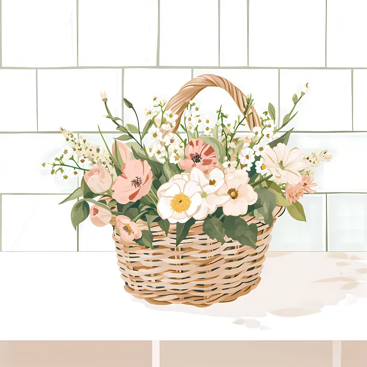 White and Pink Flowers in a Wicker Basket