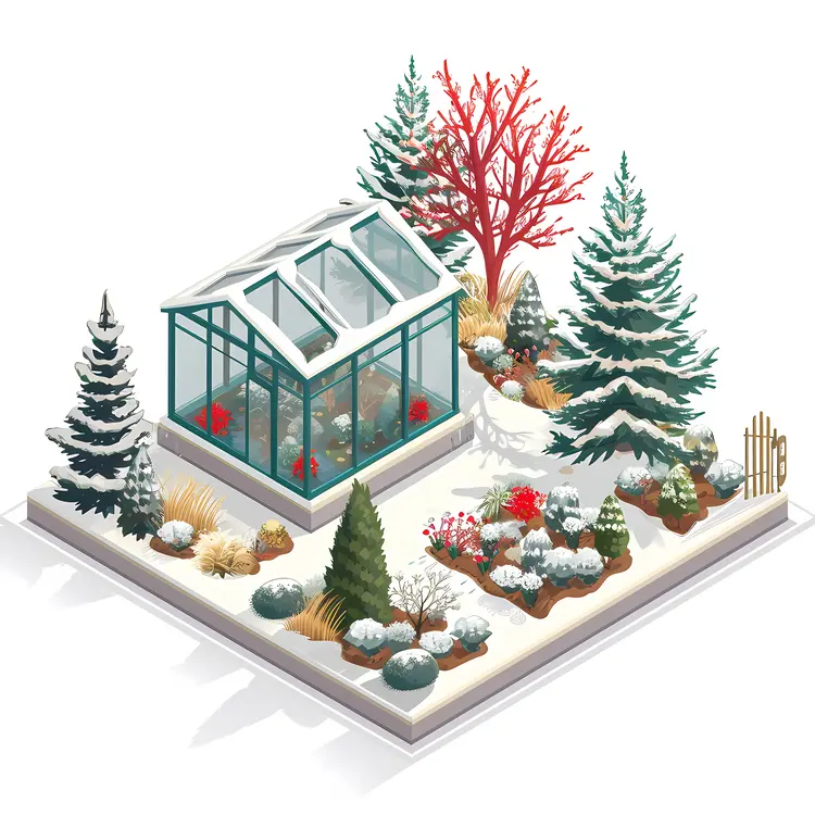Snowy Greenhouse with Winter Plants