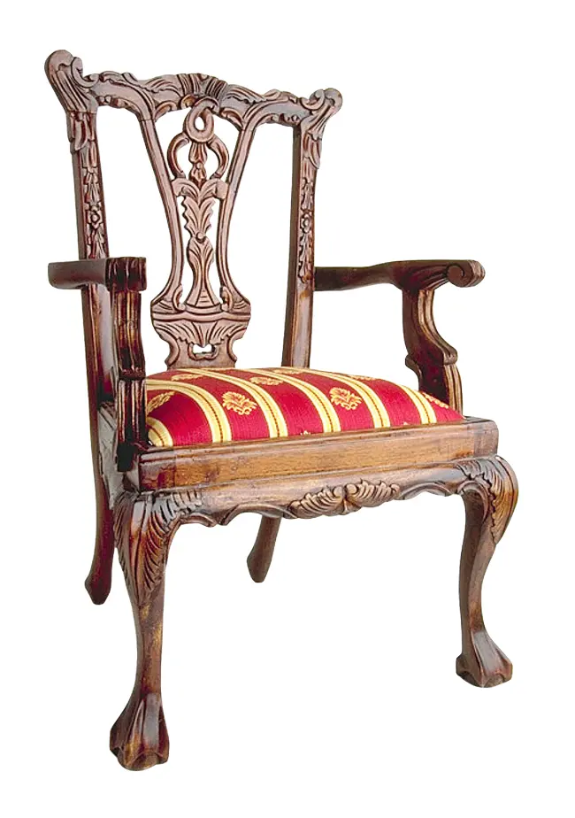 Ornate Red and Gold Armchair with Wooden Frame
