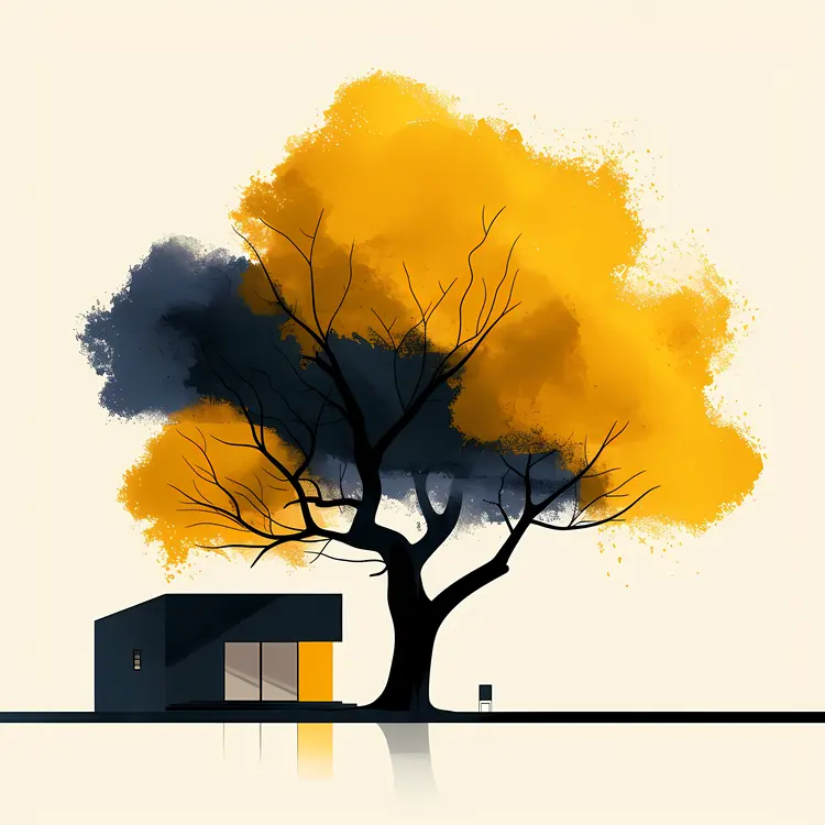 Modern House with Tree and Yellow Leaves