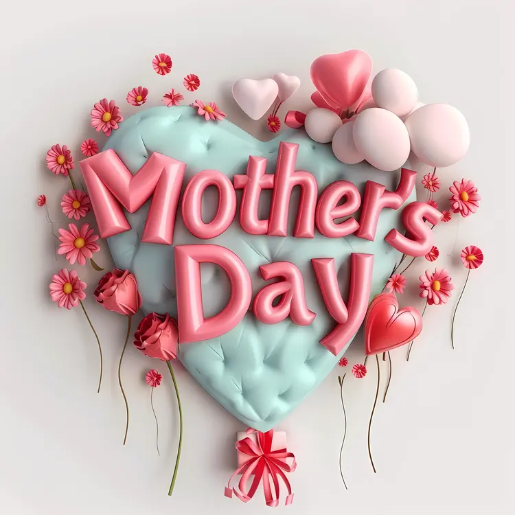 Mother's Day Heart with Flowers and Balloons