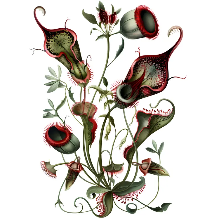 Cluster of Exotic Carnivorous Plants Illustration