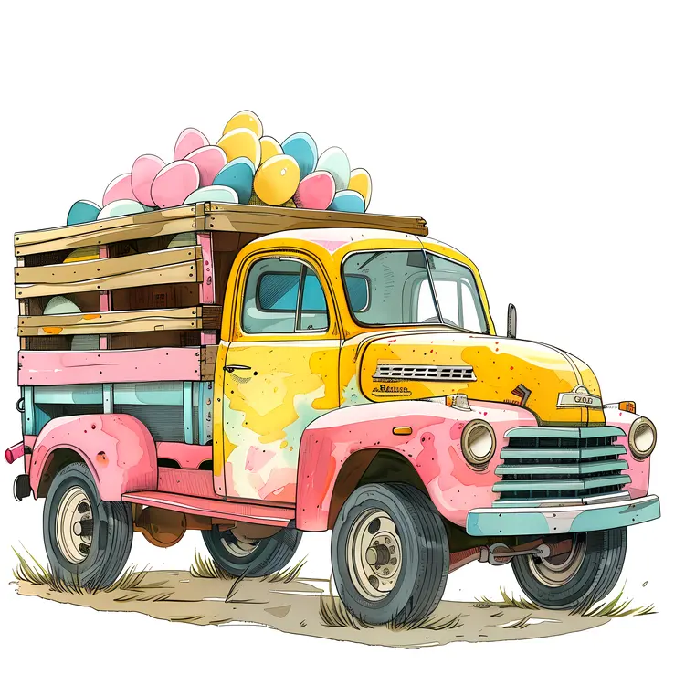 Vintage Yellow Truck with Easter Eggs