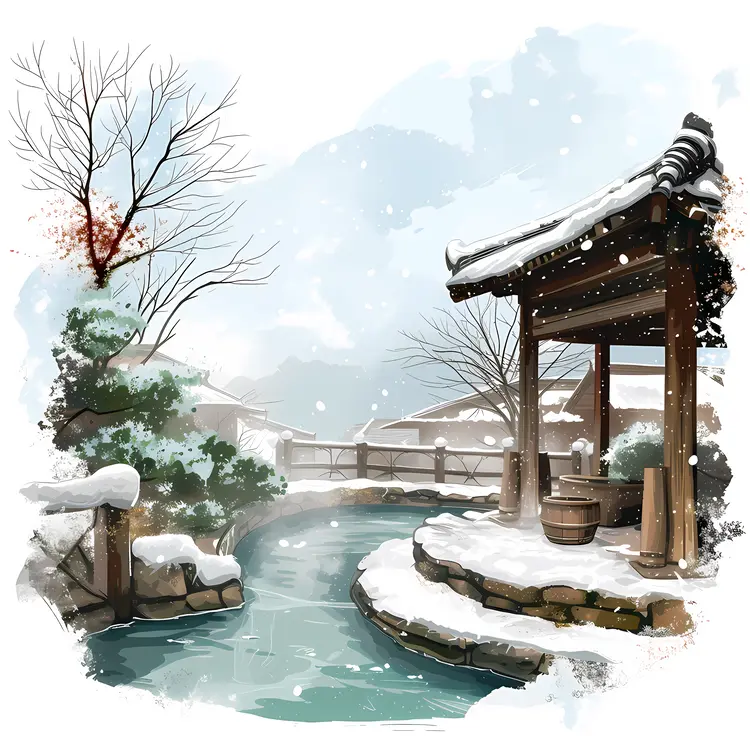 Snowy Hot Spring with Cozy Cabin