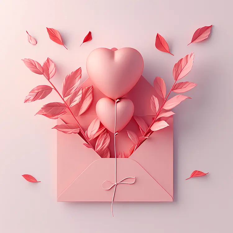 Heart Balloons and Envelope with Leaves and Petals