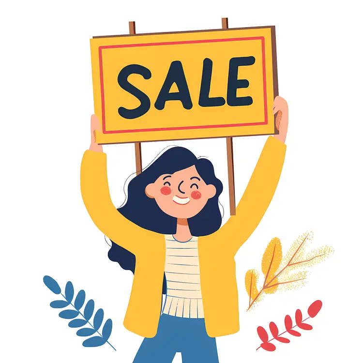 Girl Holding Yellow Sale Sign with Plants