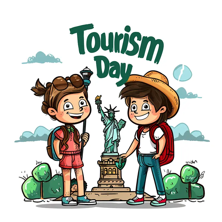 Cartoon Kids Celebrating Tourism Day