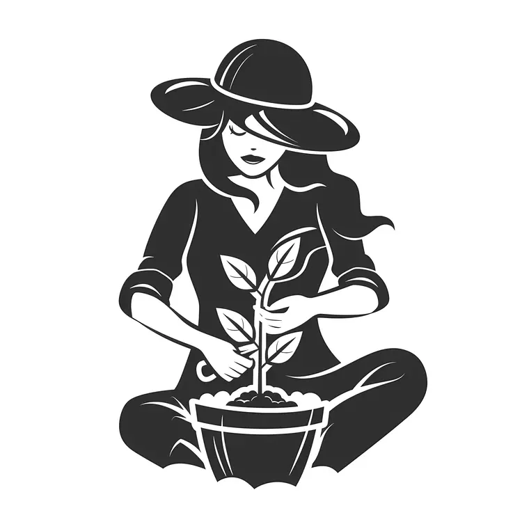 Black and White Gardener Planting Illustration