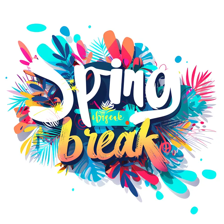 Spring Break Text with Colorful Leaves