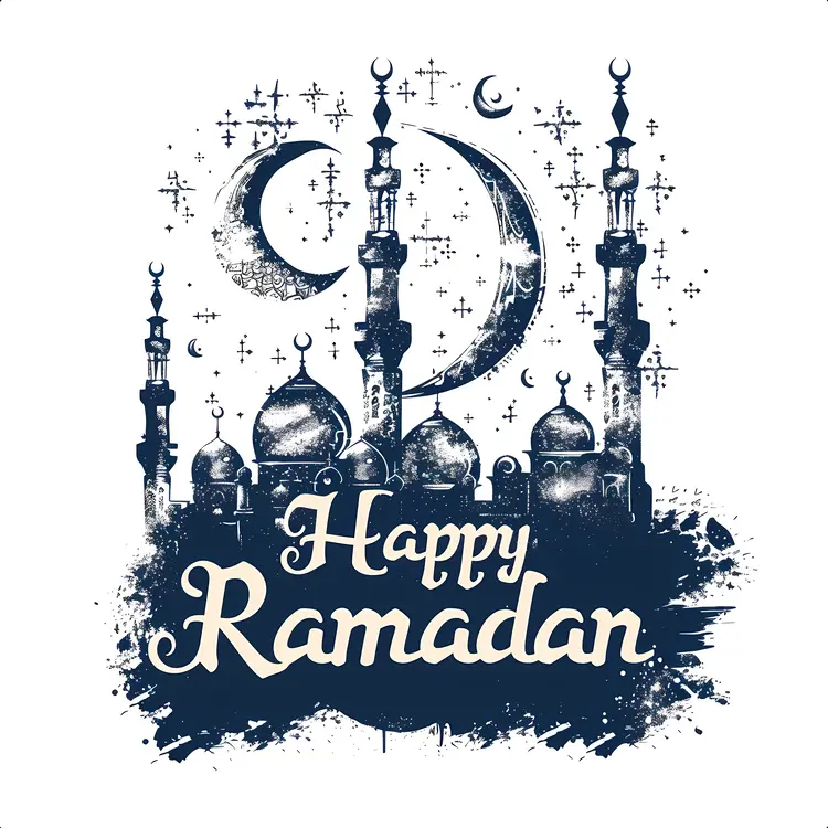 Happy Ramadan Greeting with Mosque and Crescent Moon