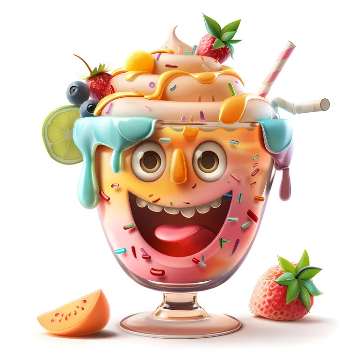 Cheerful Ice Cream Drink with Straw and Fruit