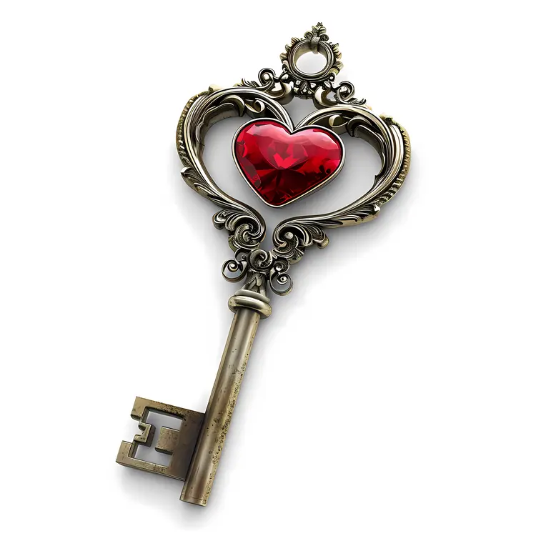 Ornate Heart Key with Red Crystal