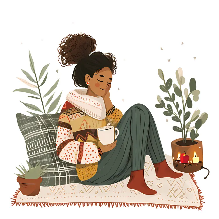 Cozy Woman with Mug and Plants