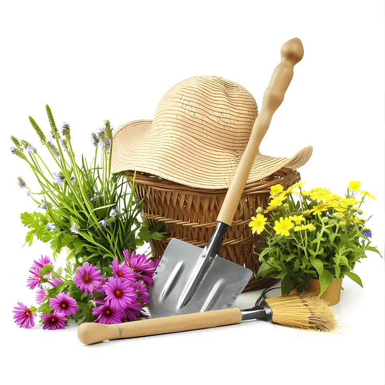 Gardening Tools and Hat with Blooming Plants