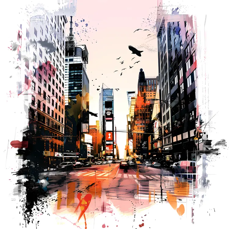 Vibrant Cityscape with Skyscrapers and Birds