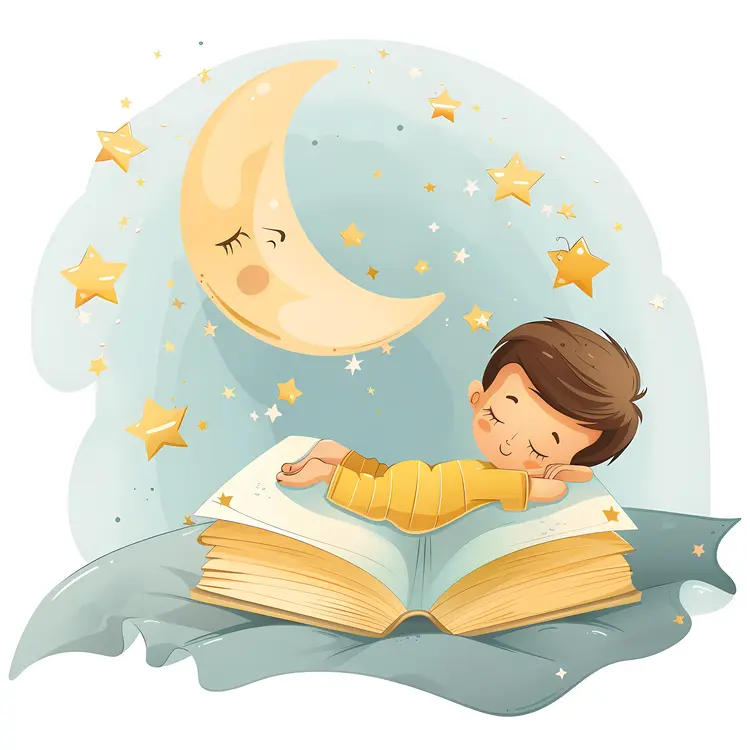 Sleeping Child on Open Book with Moon and Stars