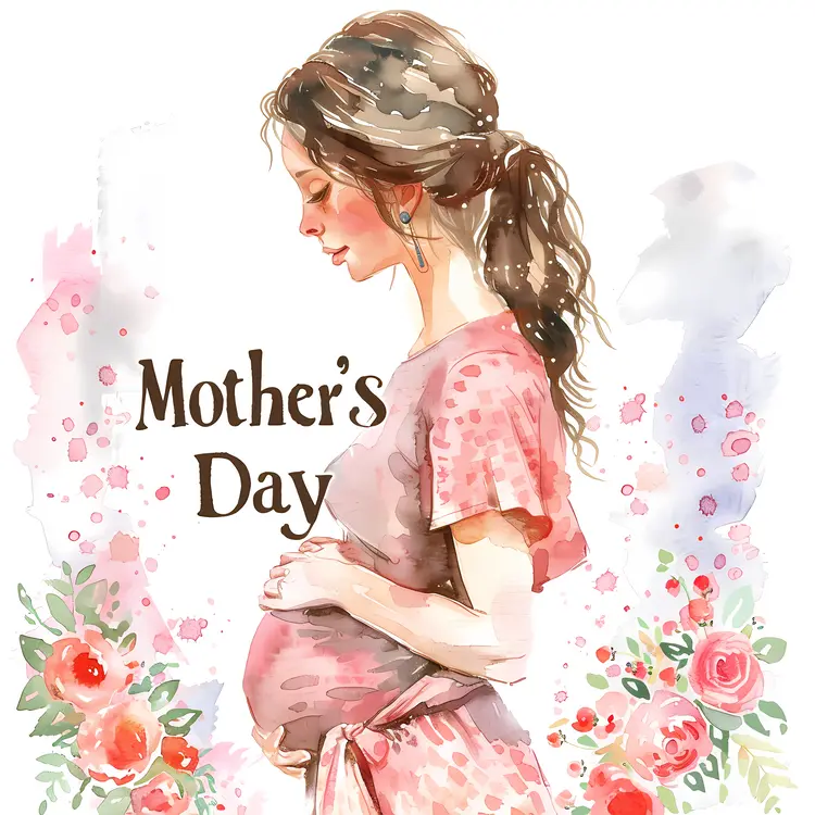 Mother's Day Watercolor Illustration with Pregnant Woman