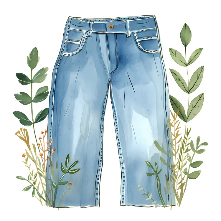 Blue Denim Jeans with Nature Elements