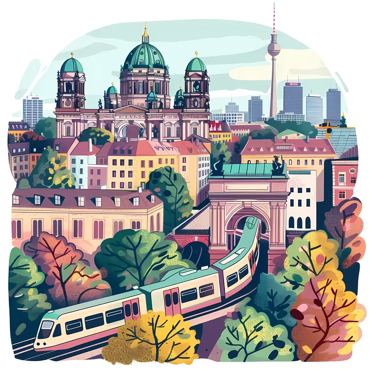 Cityscape with Train and Autumn Trees