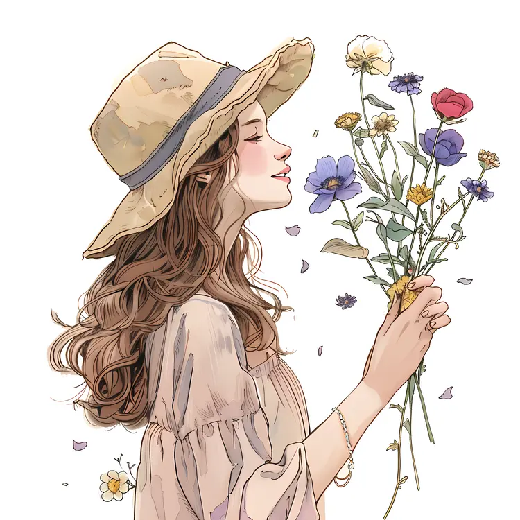 Illustration of Woman Holding Flowers