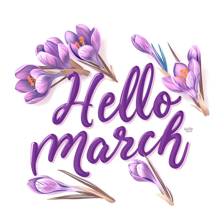 Hello March with Purple Flowers