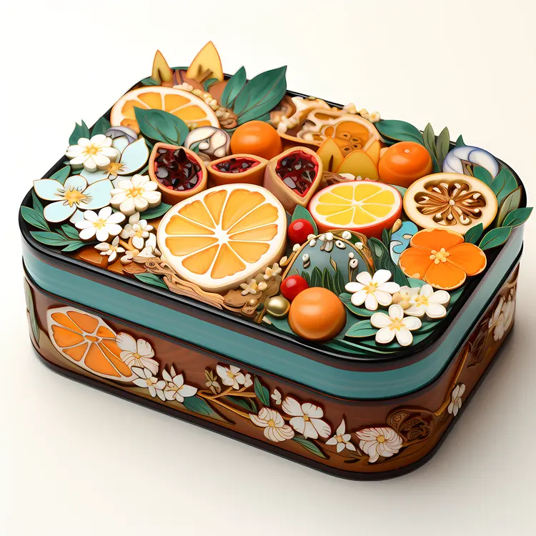 Ornate Decorative Box with Fruit and Floral Design