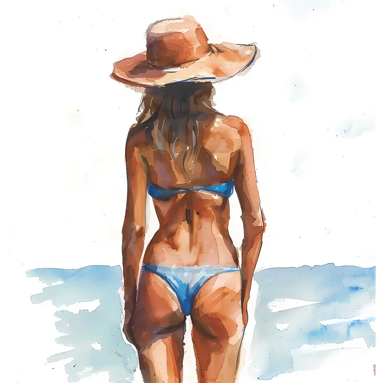 Watercolor Woman in Bikini at the Beach
