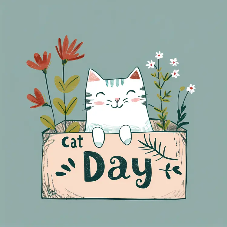 Happy Cat in a Box with Flowers for Cat Day