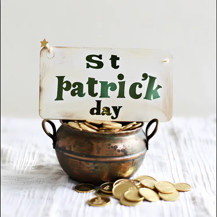 Bronze Pot with Gold Coins and Sign for St. Patrick's Day