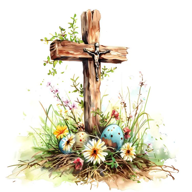 Wooden Cross with Crucifix and Easter Eggs