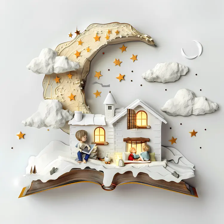 House with Children Reading under the Moon and Stars
