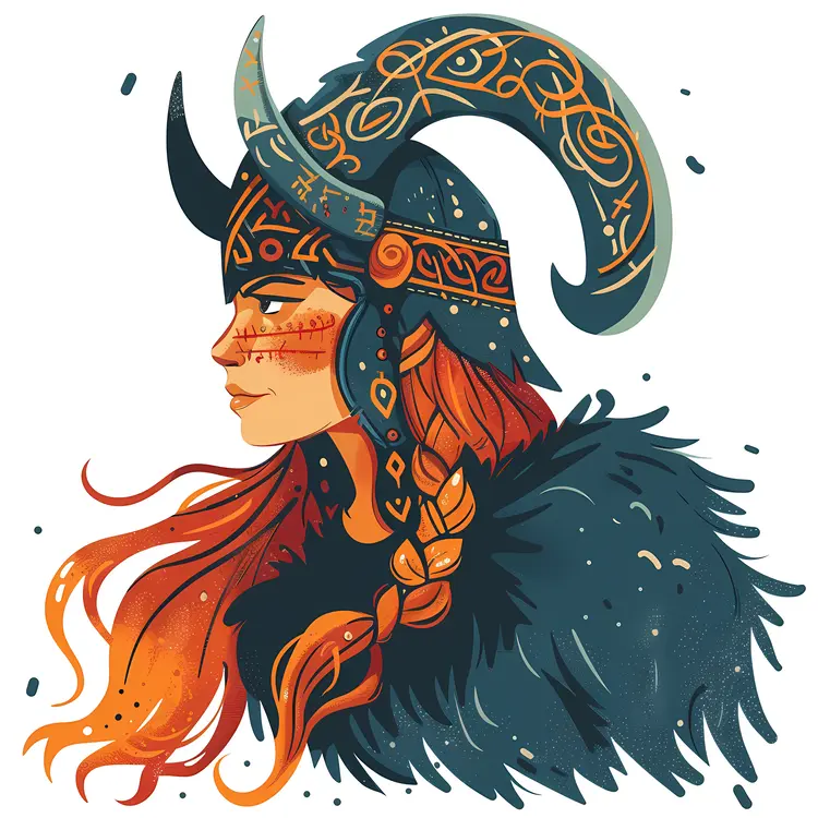 Viking Woman with Braided Hair and Horned Helmet