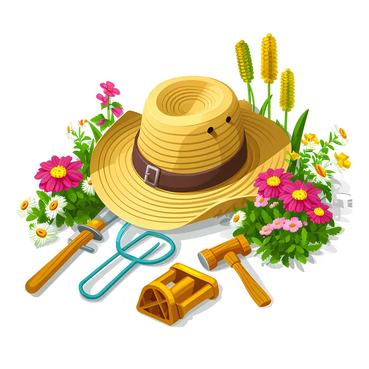 Gardening Tools and Hat with Colorful Flowers