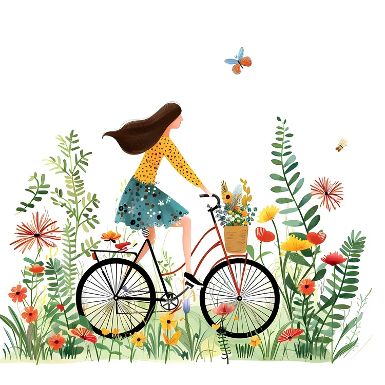 Girl Riding Bicycle with Flowers